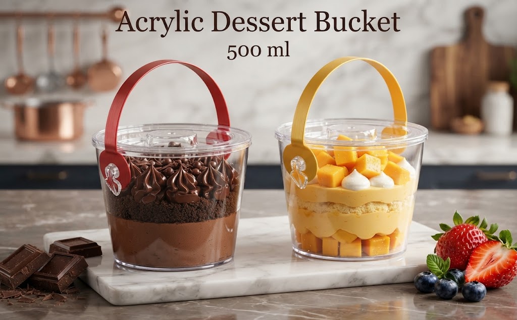 Clear Acrylic Dessert Bucket with Lid and Handle for Mousse & Dessert Packaging