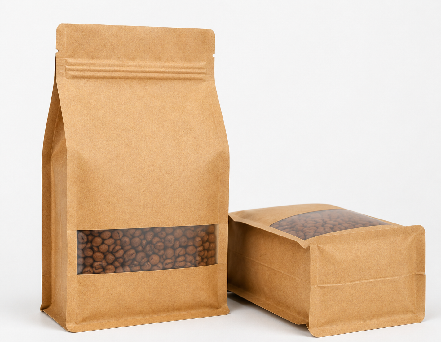 3D Flat-Bottom Rectangle Window Brown Kraft Zipper Stand-Up Pouches