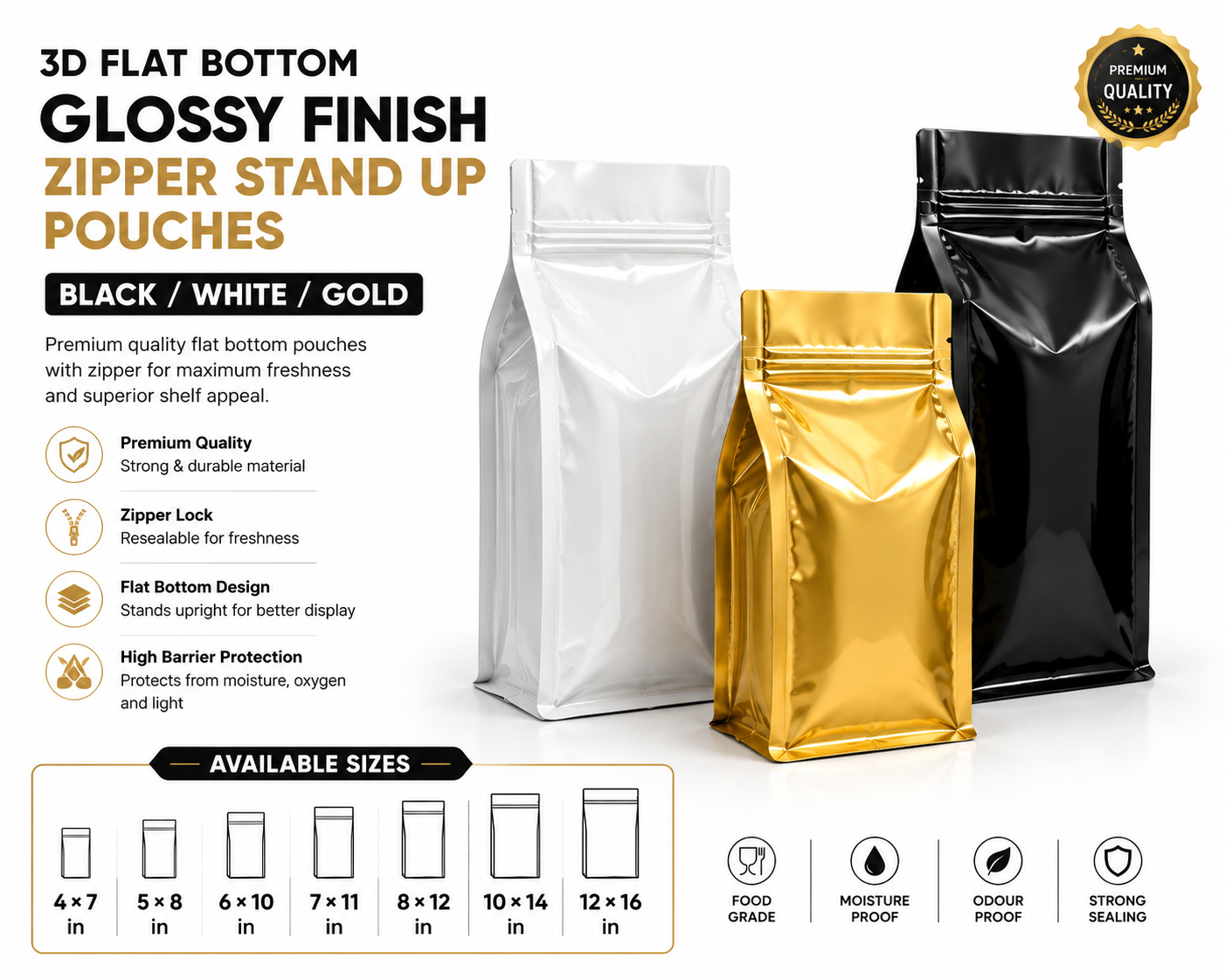 3D Flat-Bottom Glossy Zipper Stand-Up Pouch