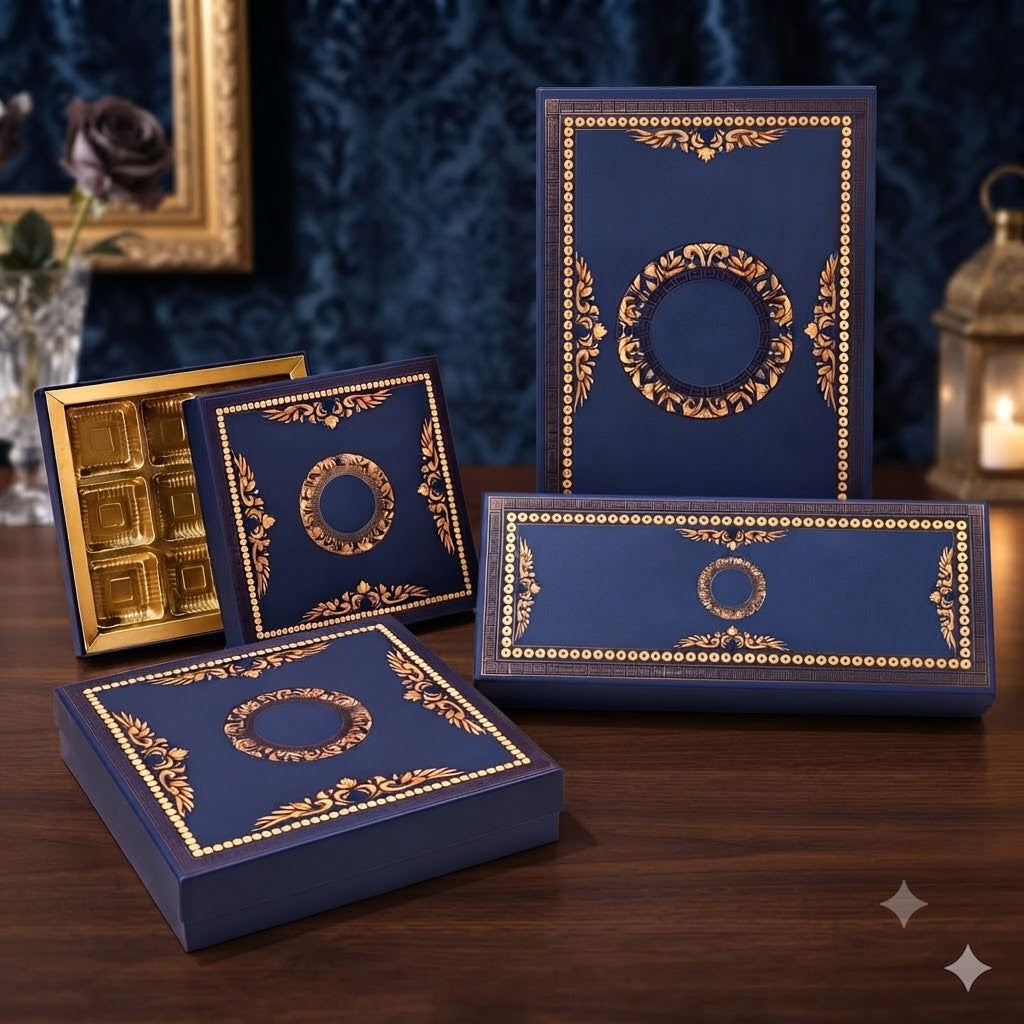 Navy Blue and Gold Printed Chocolate Gift Box with Compartments,,,,,,,,,,,