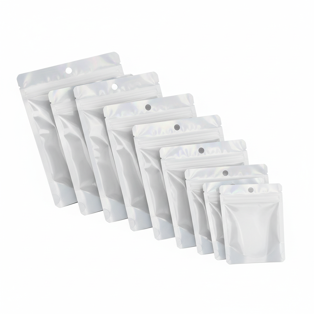 One Side Super Clear OPP One Side Pearl White 60 Mic Zipper Pouch with Euro Hole