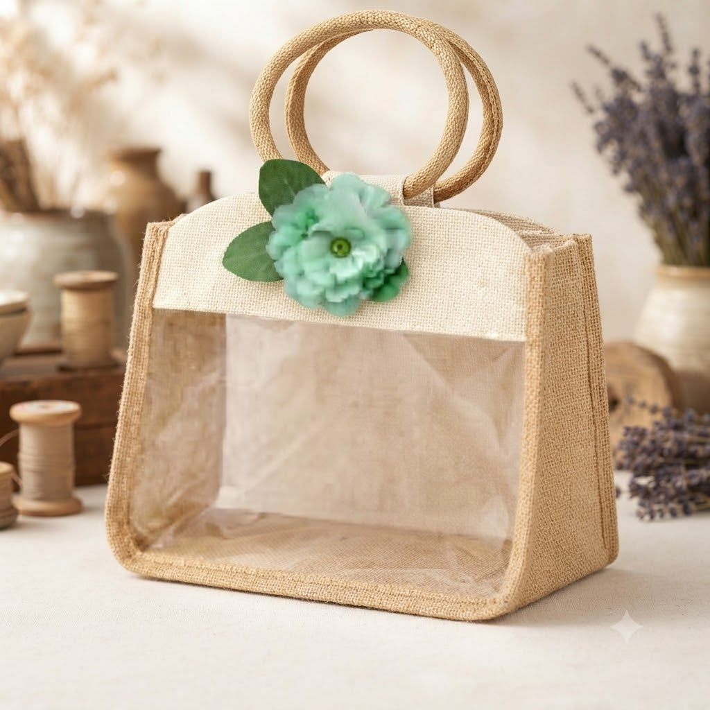 Elegant Beige & Cream Jute Gift Bag with Floral Detail & Clear Window