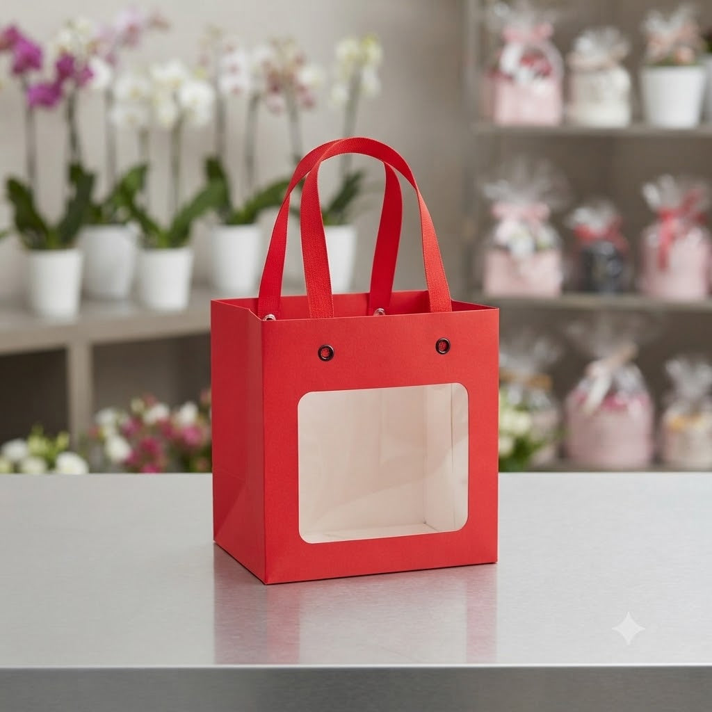 Red Paper Gift Bag with Transparent Window