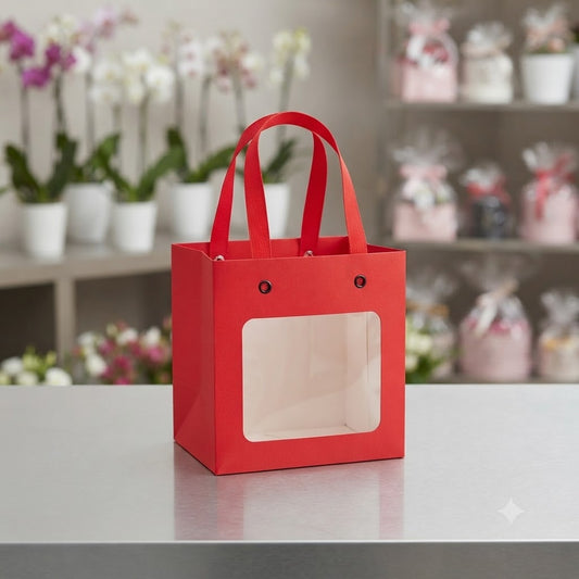 Red Paper Gift Bag with Transparent Window