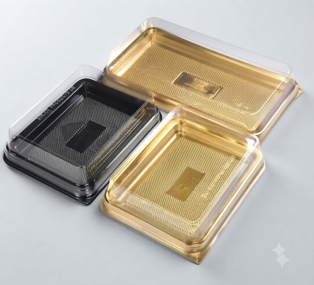 Rectangular PET Dessert and Cake Packaging Box with Clear Lid and Gold & Black Base.....