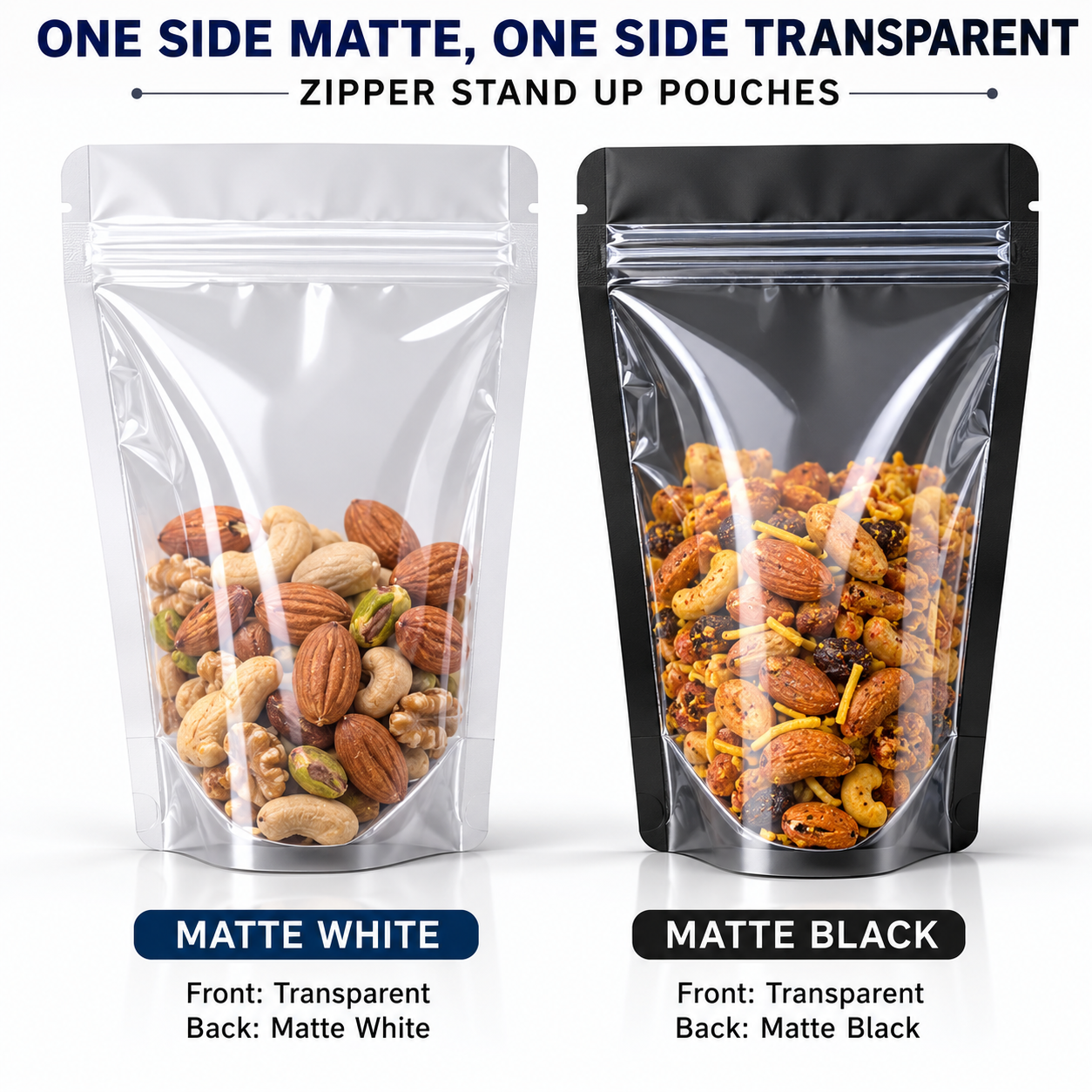 Matte Black & White / Transparent Zipper Stand-Up Pouches