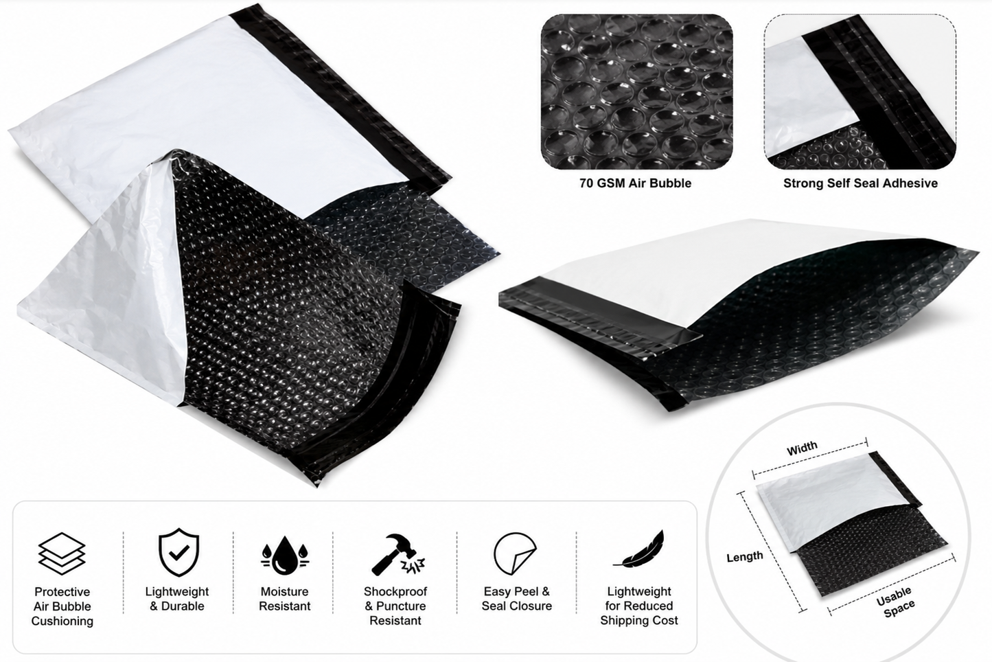 70 GSM Bubble Courier Bags with POD Jacket (6x8 to 12x14 inch)