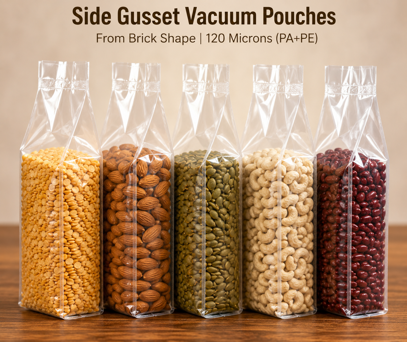 Side Gusset Vacuum Pouches, Brick Shape – 120 Micron PA+PE (250g–5000g)
