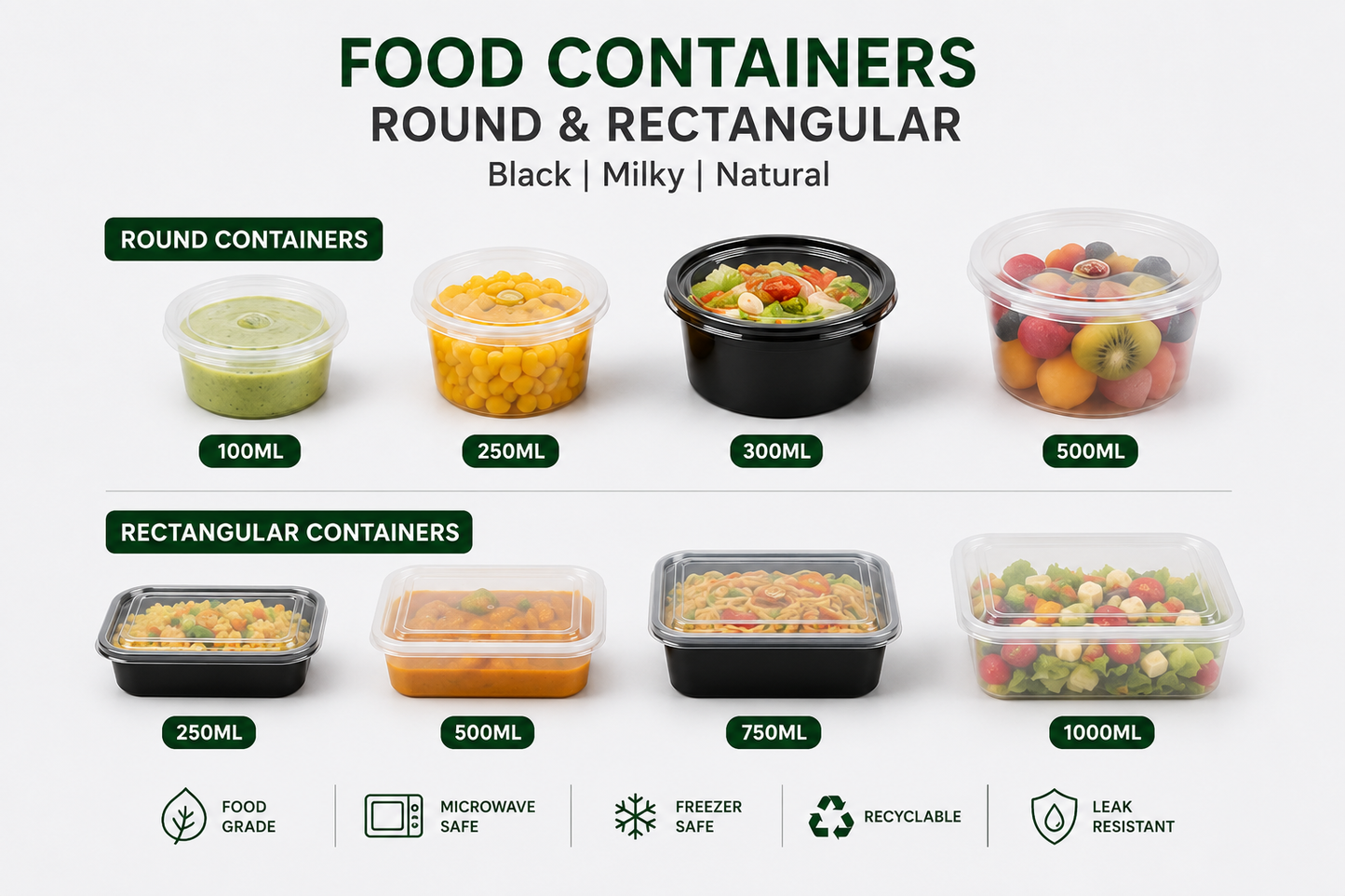 Leak-Proof Disposable Plastic Food Containers with Lids (50ml-1000ml) | Box of 1200