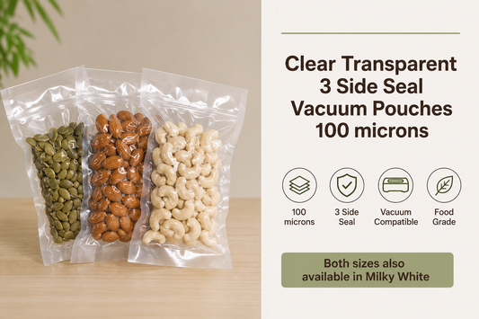 Clear Transparent 3-Side Seal Vacuum Pouches – 100 Micron (200g–500g)