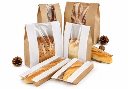 Center Window Kraft Paper Bread Bakery Bags – Brown/White (5x9 to 8x13 inch)