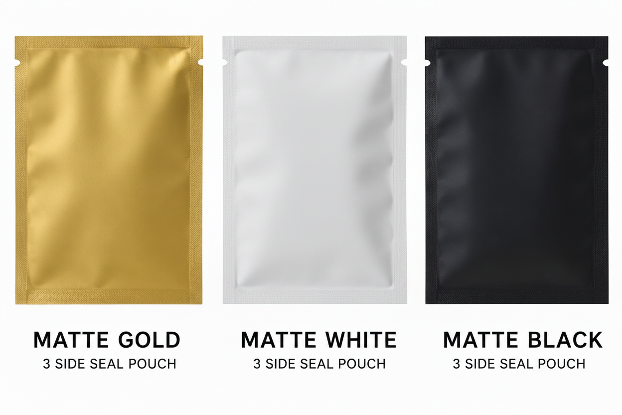 Matte Finish Colourful 3-Side Seal Pouch – Black/White/Beige (3x3 to 4x5 inch)