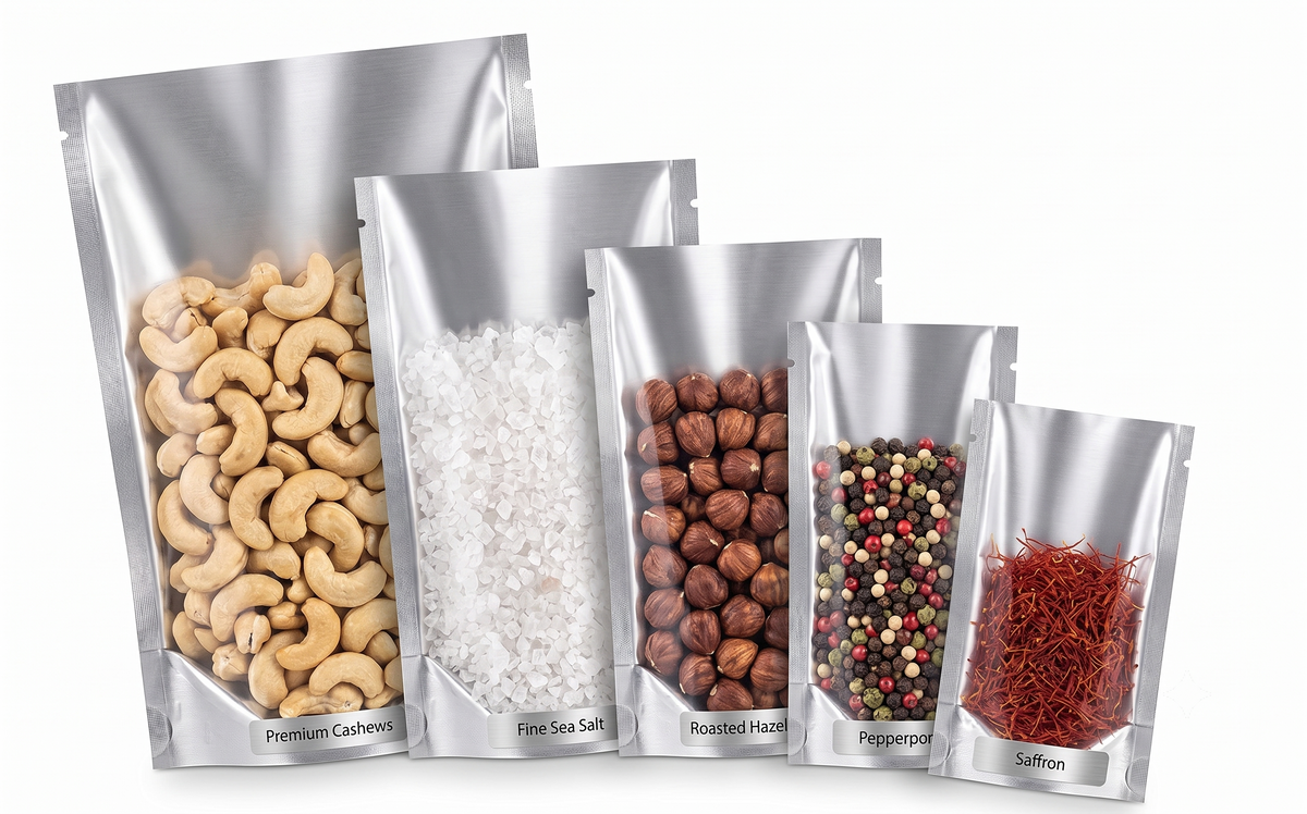 metallic silver & transparent 3-side seal pouches