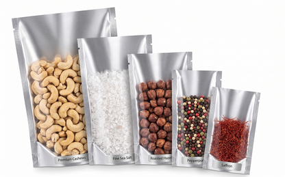 metallic silver & transparent 3-side seal pouches