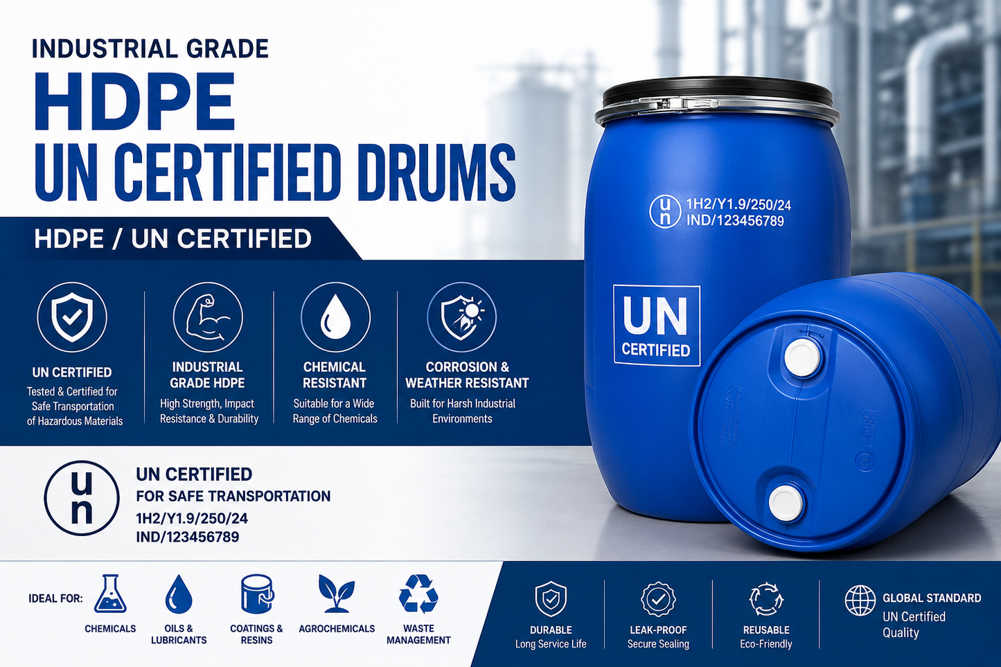 Industrial Grade HDPE UN Certified Drums - HDPE / UN Certified