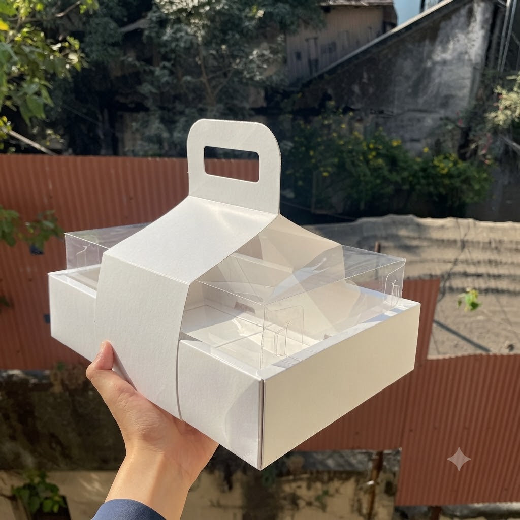 White Double Wall Hamper Box with Transparent Lid & Handle for Dessert and Pastry Packaging