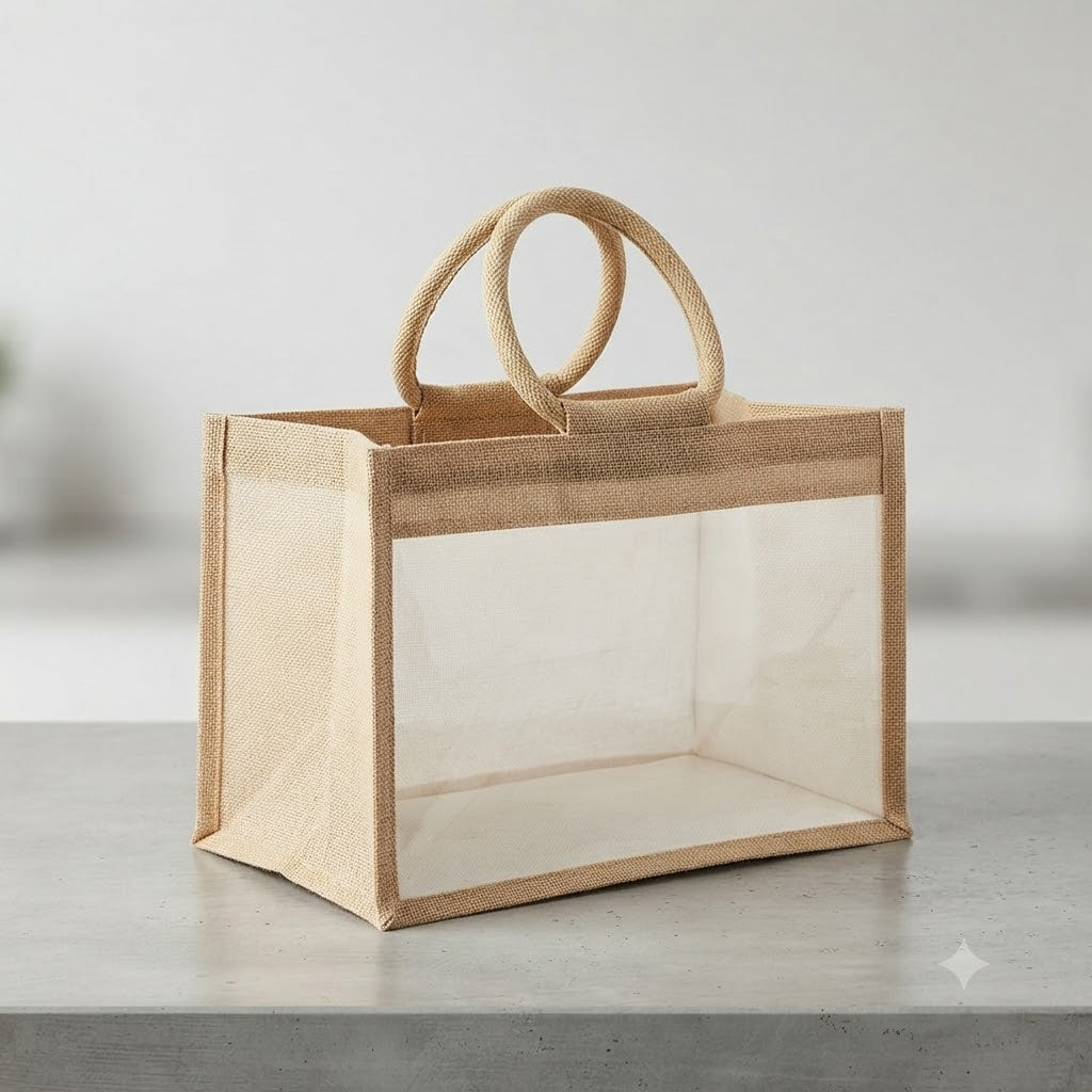 Elegant Beige & Cream Jute Gift Bag for 4 Jars with Window & Round Handles,,,,