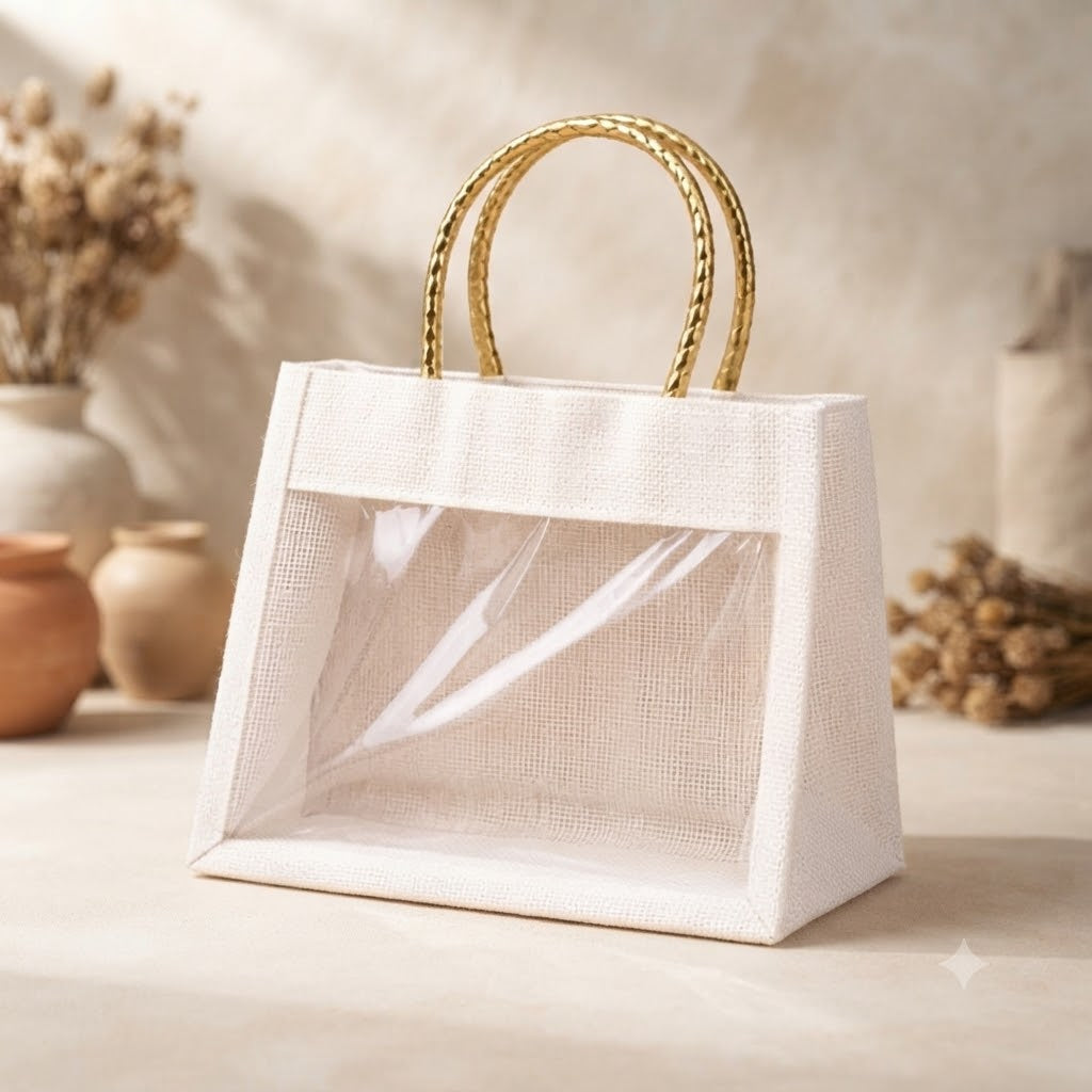 Elegant Cream Ethnic Jute Gift Bag with Clear Window & Golden Handles