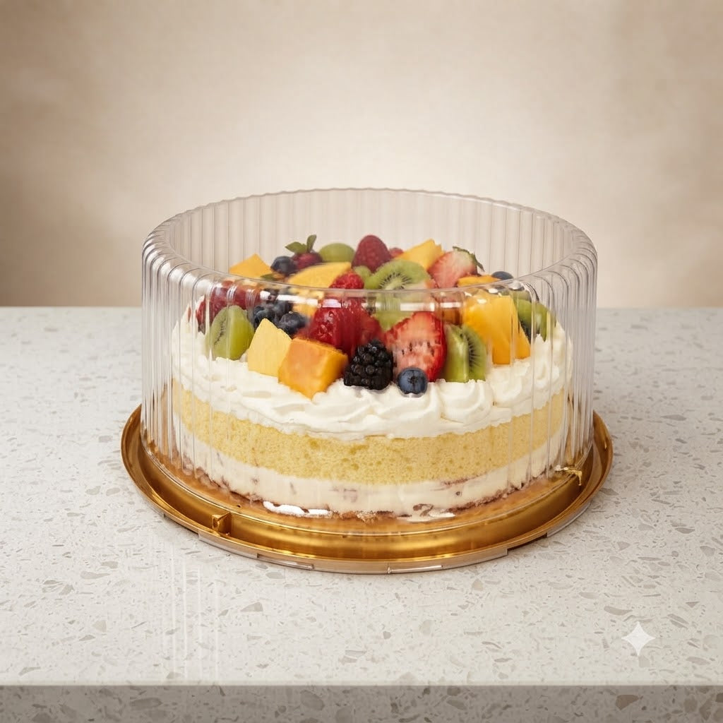 Round Cake Box with Golden Base and Transparent Dome Lid for Cake Packaging