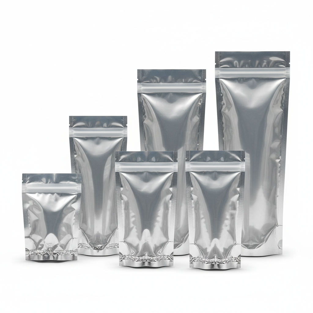 Front Metallic Silver Side Gusset Transparent 5 Side Quad Seal Pouch with Dori Bottom Open