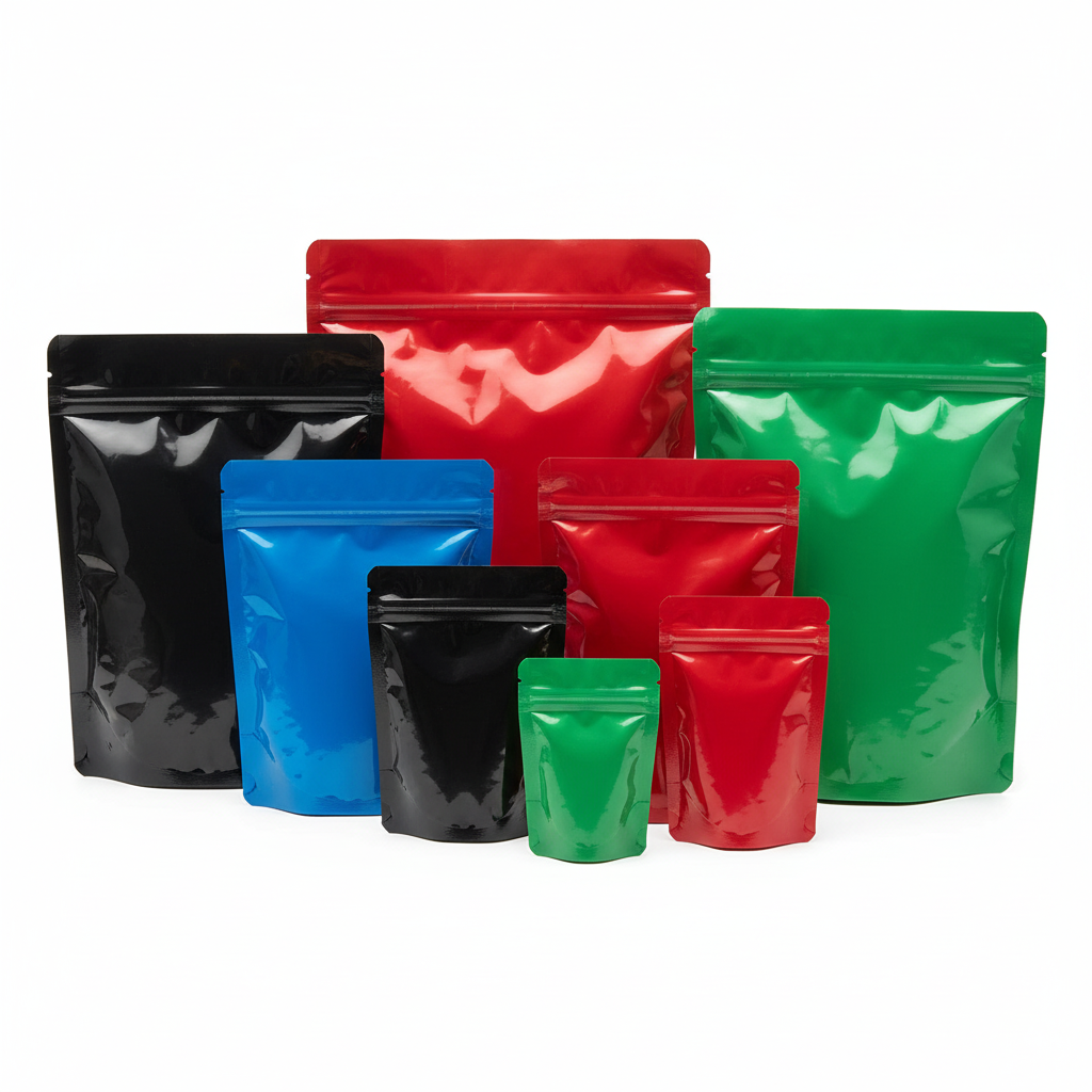 Opaque 3 Layer Foil Inside GLOSSY Finish Colored Zipper Stand Up Pouches