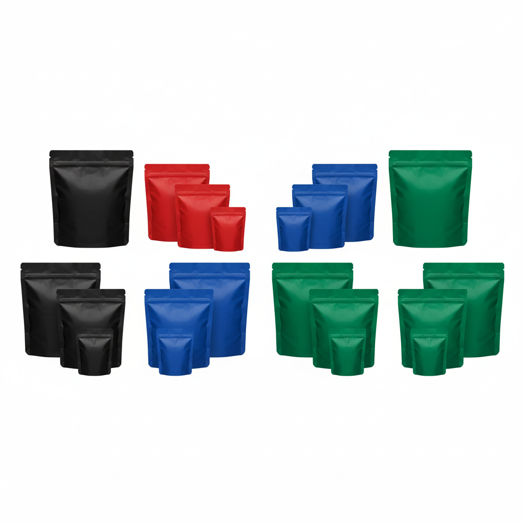 Opaque 3 Layer Foil Inside MATTE Finish Colored Zipper Stand Up Pouches