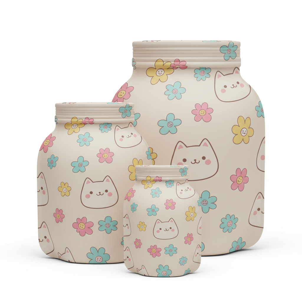 Jar Shape Matte Finish Kitty Flower Print Zipper Stand Up Pouch