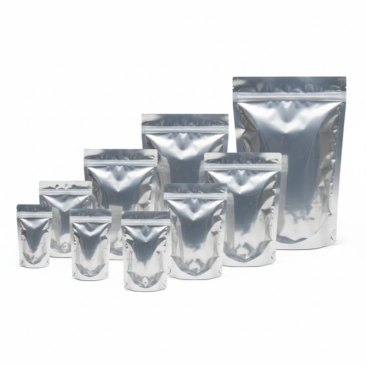 One Side Metallic Silver / Transparent Zipper Stand Up Pouches