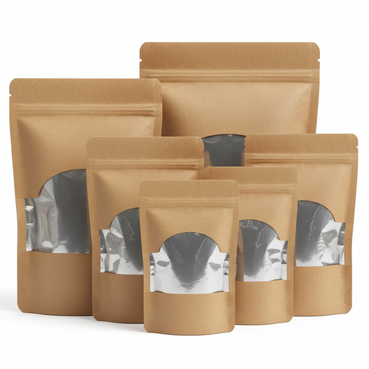 Fan Window Brown Kraft Pouches Side Gusseted Foil Inside