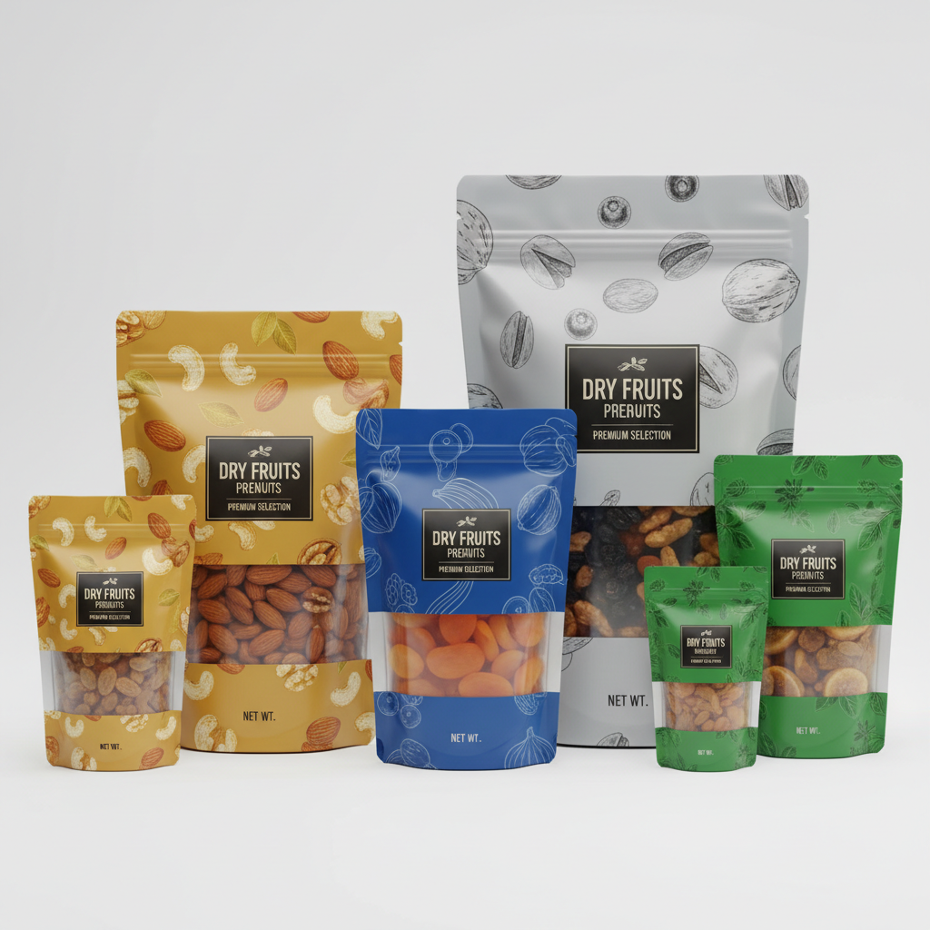 Printed Dry Fruits Zipper Stand Up Pouches Golden Silver Blue Green
