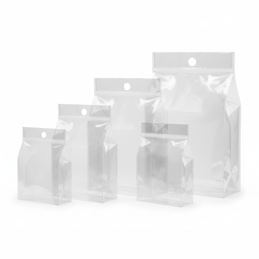 Transparent Clear 5 Side Quad Seal Pouch with Side Gusset & Handle Punch