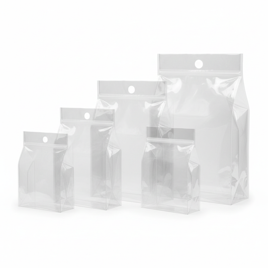 Transparent Clear 5 Side Quad Seal Pouch with Side Gusset & Handle Punch